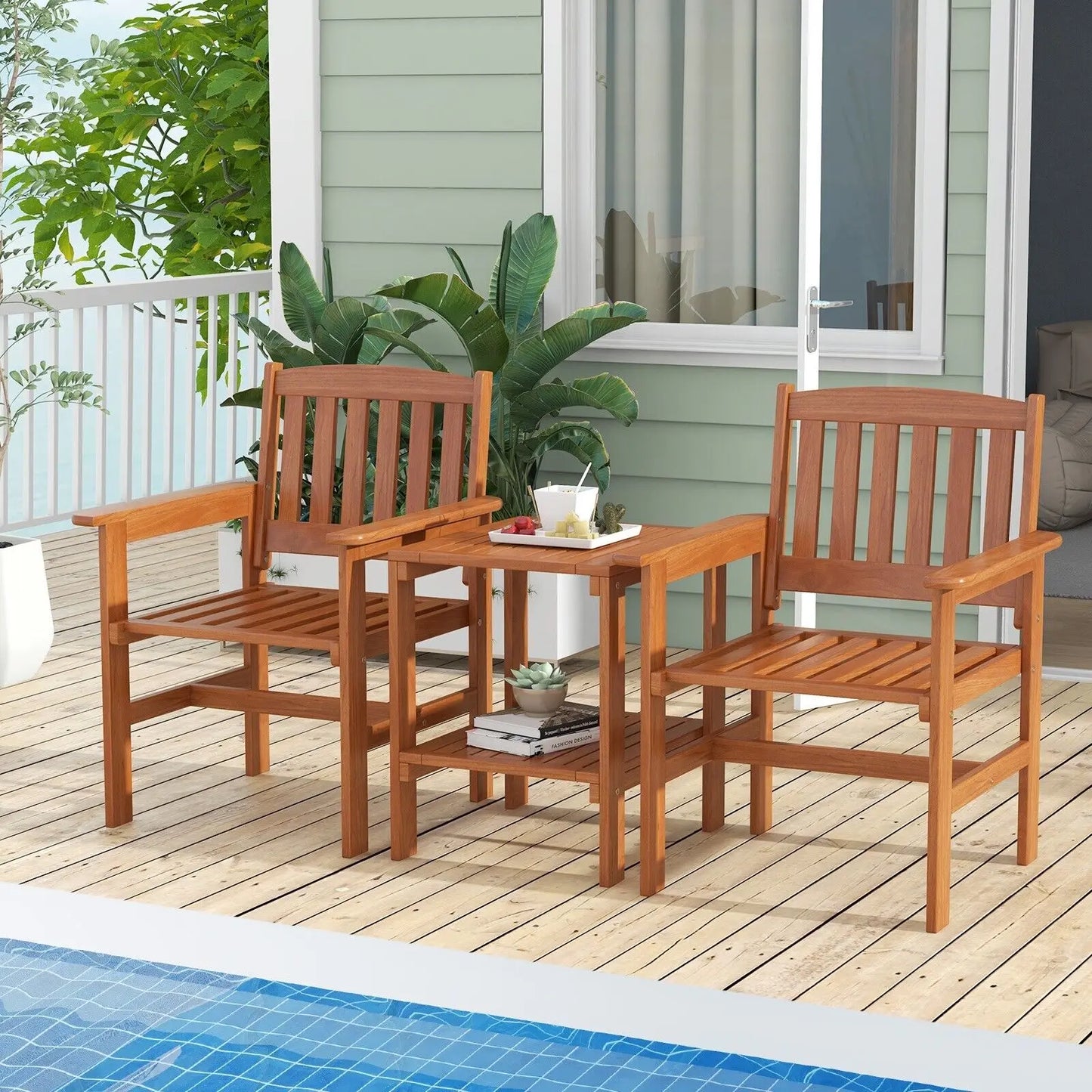 GOFLAME 3-Piece Wooden Outdoor Table & Chair Set – Natural